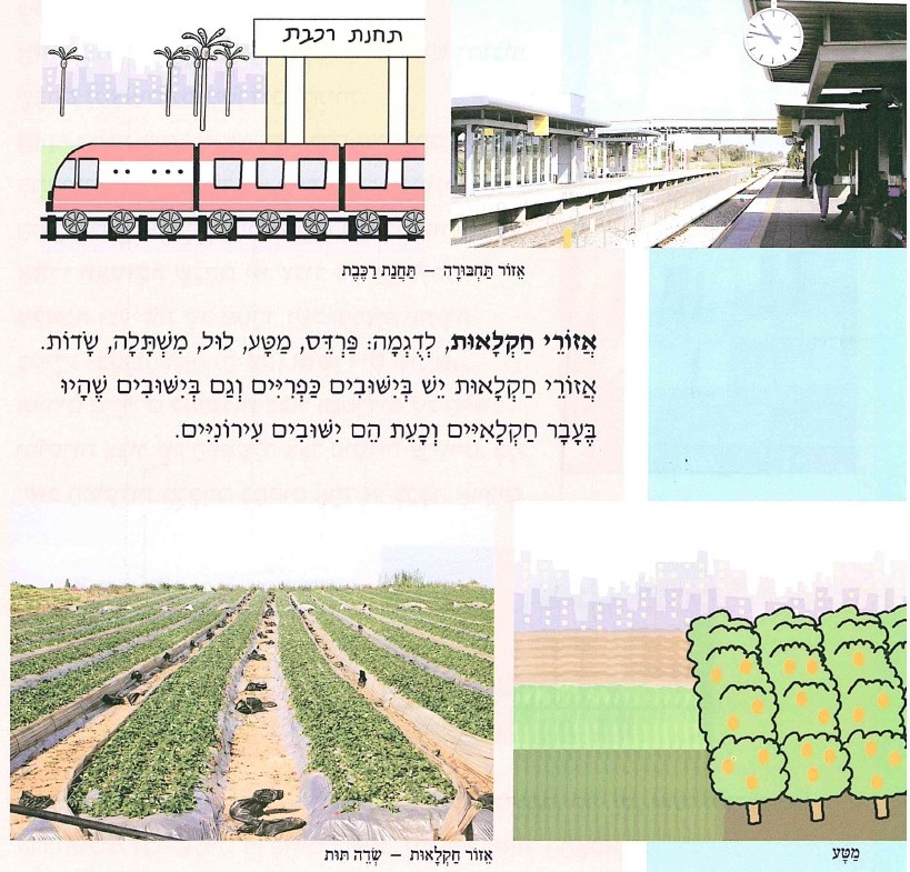 (בספר יש ציורים של: אזור תחבורה - תחנת רכבת, מטע, אזור חקלאות - שדה תות).